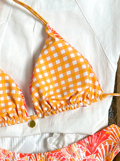 Swim Mod Women's Summer Beach Vacation Sweet Orange Shell And Plaid Print Reversible Bikini Set