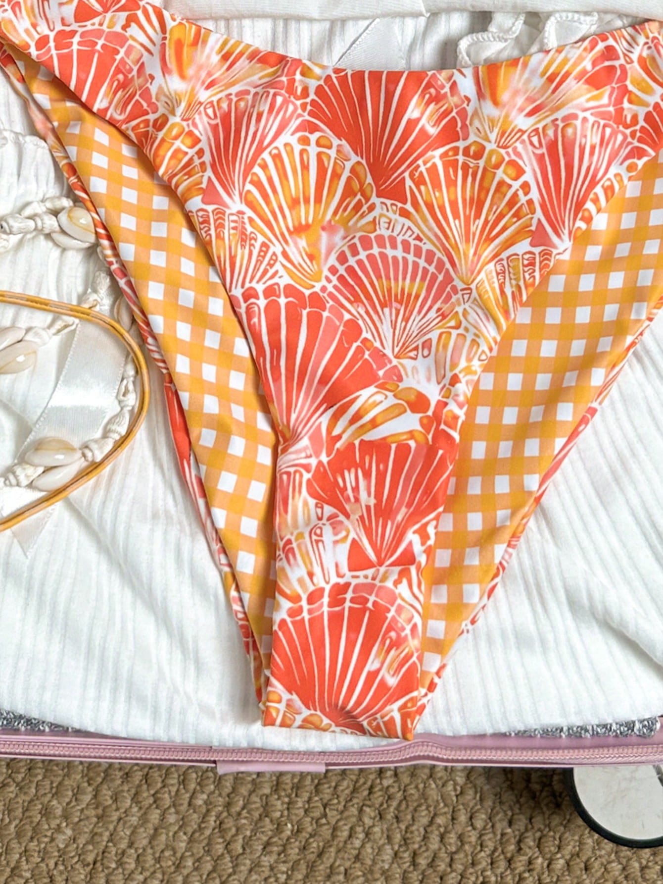 Swim Mod Women's Summer Beach Vacation Sweet Orange Shell And Plaid Print Reversible Bikini Set
