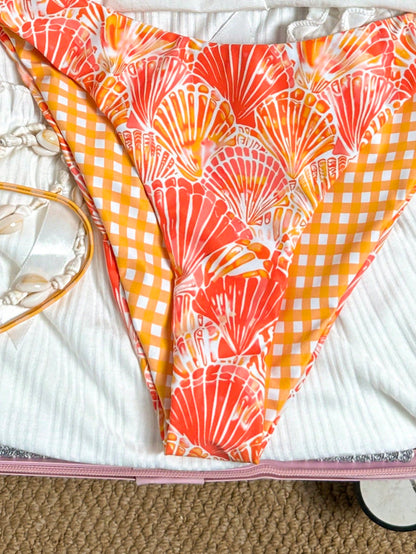 Swim Mod Women's Summer Beach Vacation Sweet Orange Shell And Plaid Print Reversible Bikini Set