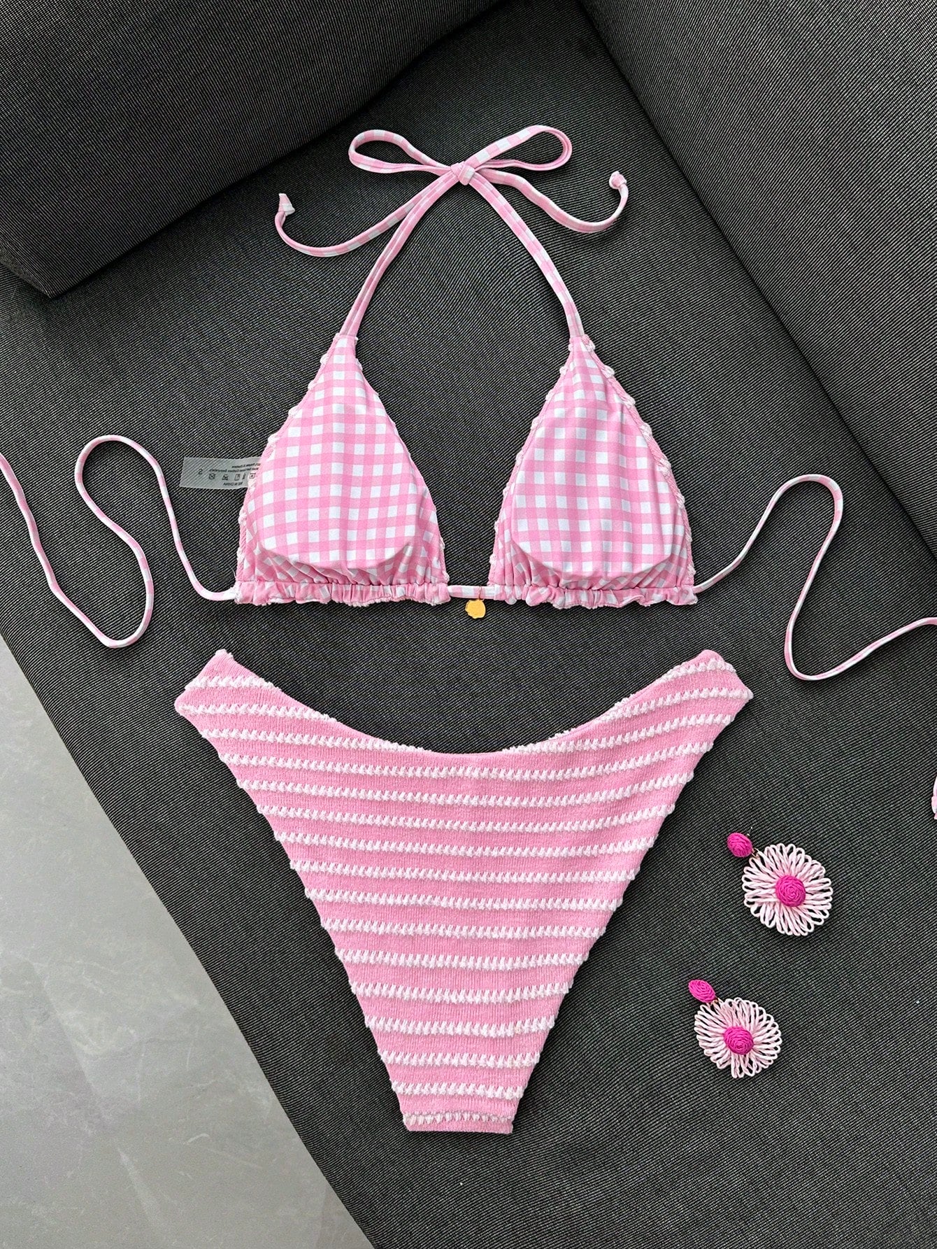 Swim Mod Women's Summer Beach Vacation Sweet Pink Striped And Plaid Bikini Set,Reversible Two-Piece Swimsuit Set