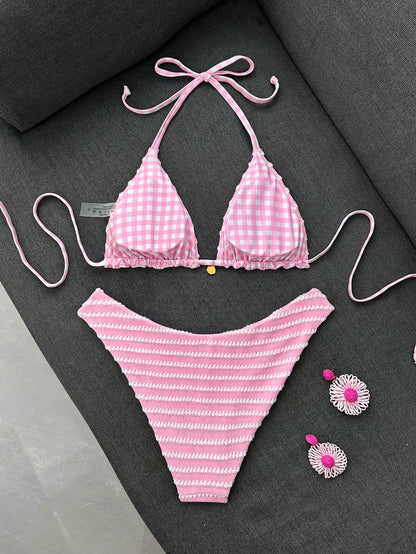 Swim Mod Women's Summer Beach Vacation Sweet Pink Striped And Plaid Bikini Set,Reversible Two-Piece Swimsuit Set