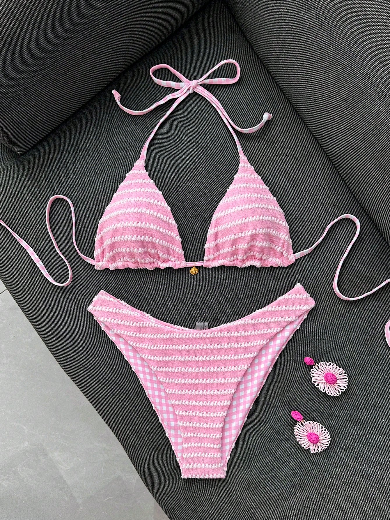 Swim Mod Women's Summer Beach Vacation Sweet Pink Striped And Plaid Bikini Set,Reversible Two-Piece Swimsuit Set