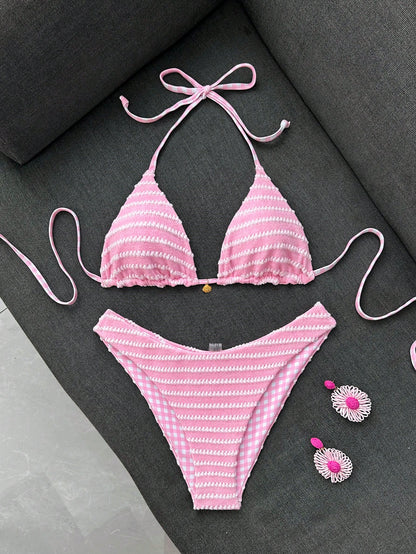 Swim Mod Women's Summer Beach Vacation Sweet Pink Striped And Plaid Bikini Set,Reversible Two-Piece Swimsuit Set