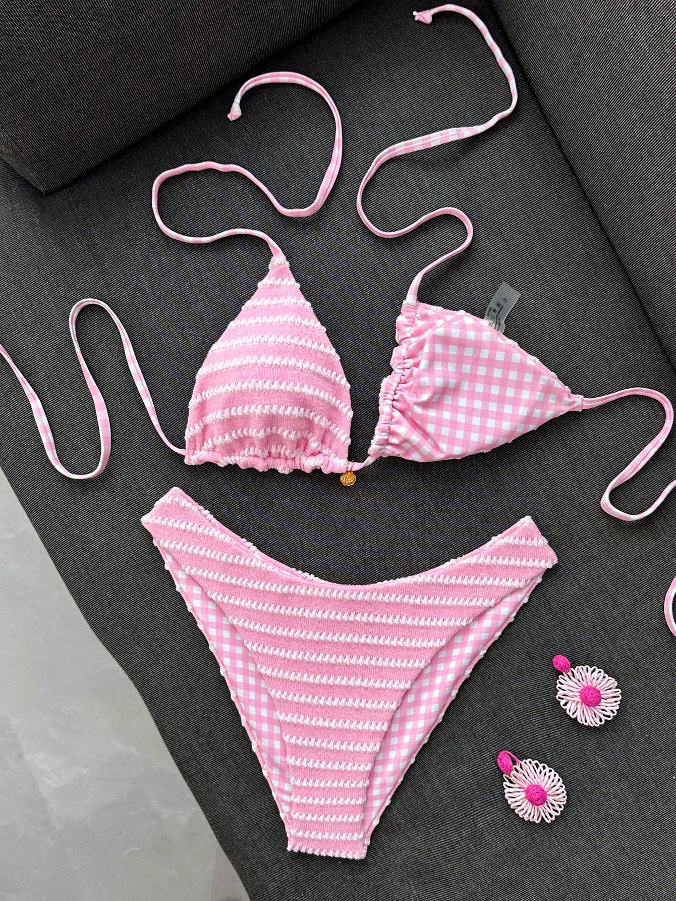 Swim Mod Women's Summer Beach Vacation Sweet Pink Striped And Plaid Bikini Set,Reversible Two-Piece Swimsuit Set