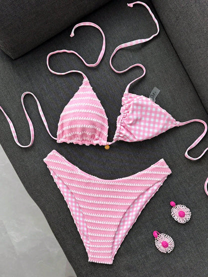 Swim Mod Women's Summer Beach Vacation Sweet Pink Striped And Plaid Bikini Set,Reversible Two-Piece Swimsuit Set
