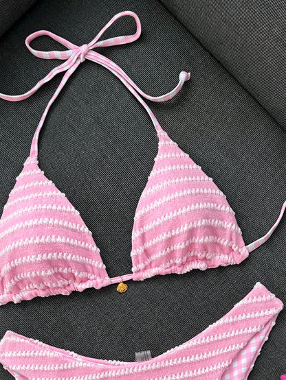Swim Mod Women's Summer Beach Vacation Sweet Pink Striped And Plaid Bikini Set,Reversible Two-Piece Swimsuit Set