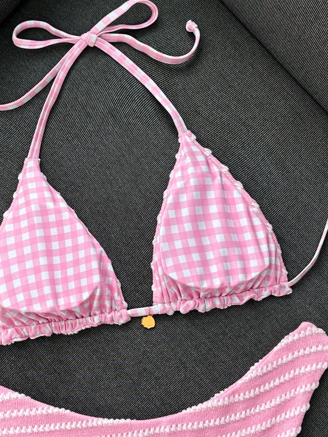 Swim Mod Women's Summer Beach Vacation Sweet Pink Striped And Plaid Bikini Set,Reversible Two-Piece Swimsuit Set