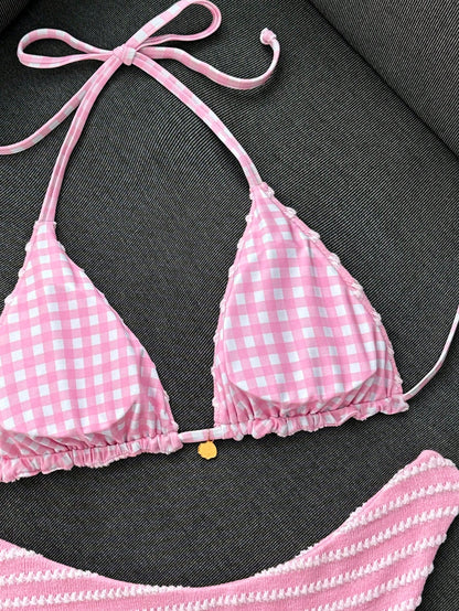 Swim Mod Women's Summer Beach Vacation Sweet Pink Striped And Plaid Bikini Set,Reversible Two-Piece Swimsuit Set