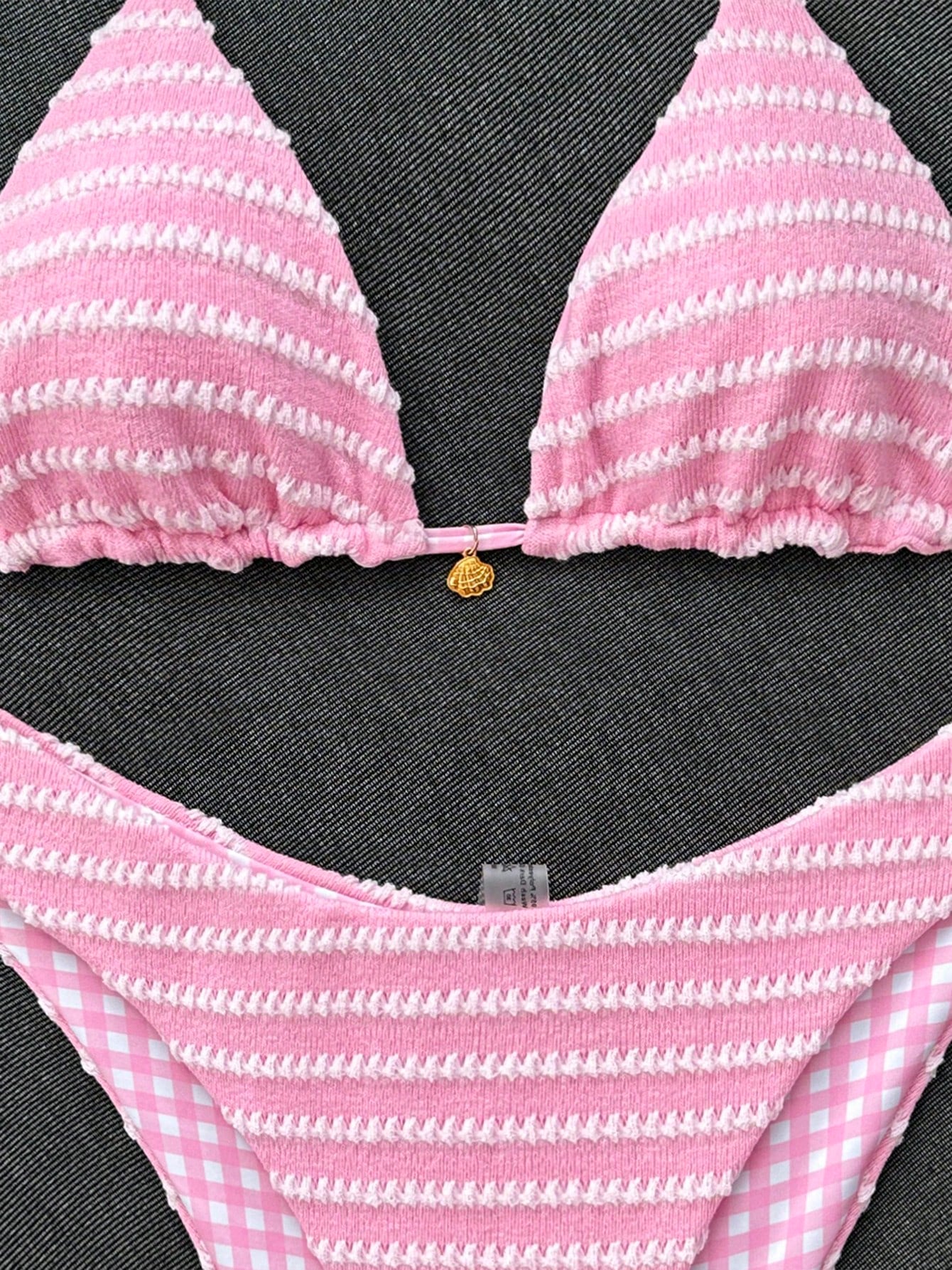 Swim Mod Women's Summer Beach Vacation Sweet Pink Striped And Plaid Bikini Set,Reversible Two-Piece Swimsuit Set