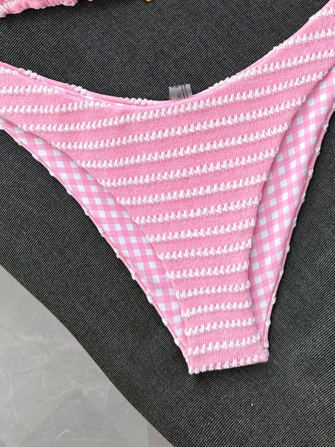 Swim Mod Women's Summer Beach Vacation Sweet Pink Striped And Plaid Bikini Set,Reversible Two-Piece Swimsuit Set