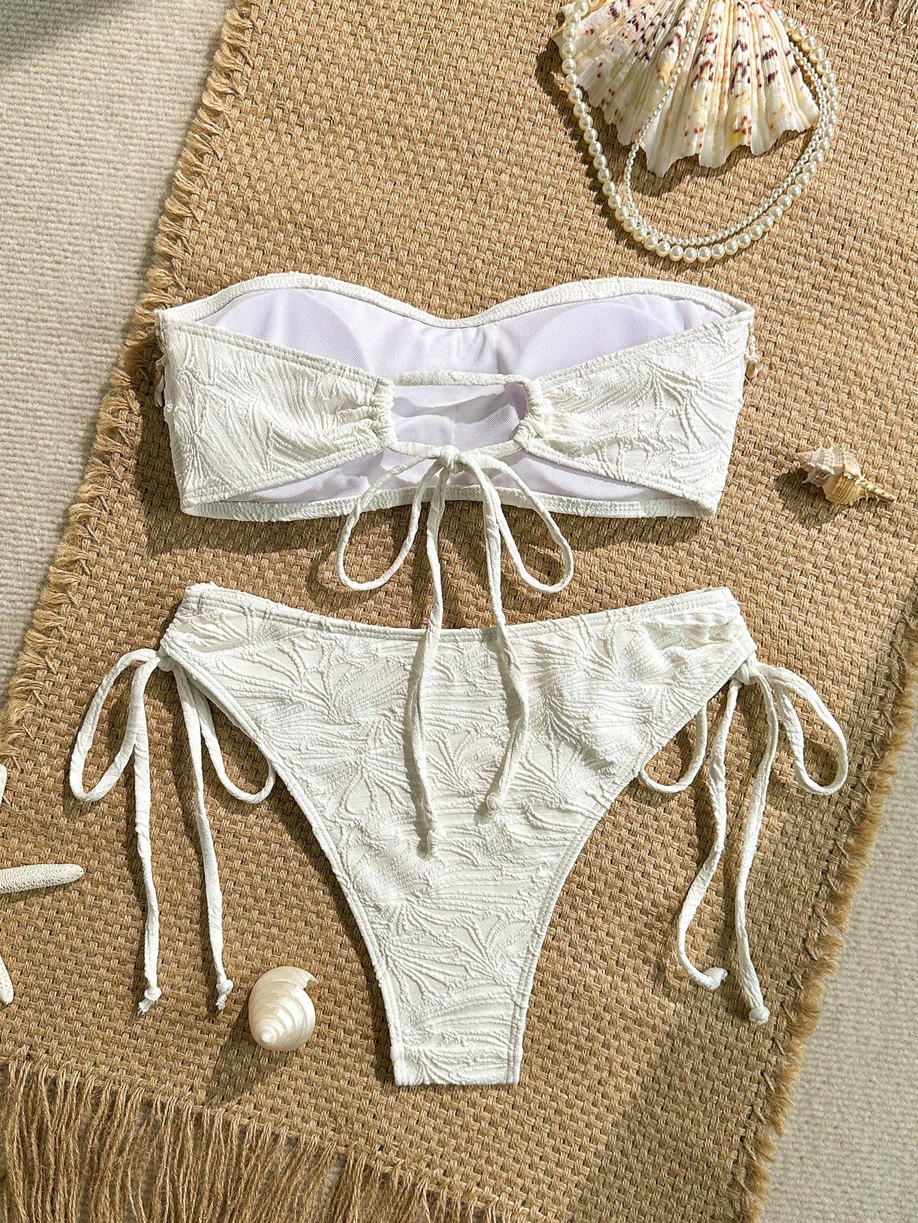 Swim Mod Women's Summer Beach Vacation Textured Starfish Trim Bandeau Bikini Set