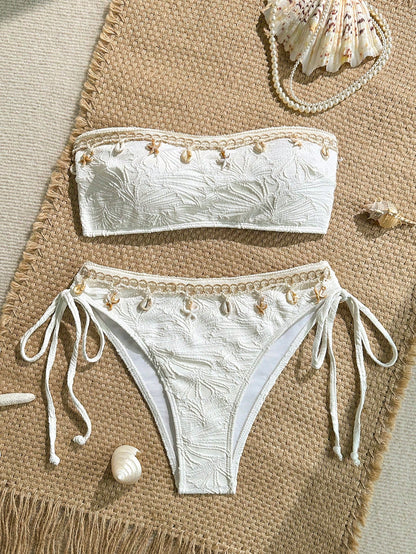 Swim Mod Women's Summer Beach Vacation Textured Starfish Trim Bandeau Bikini Set