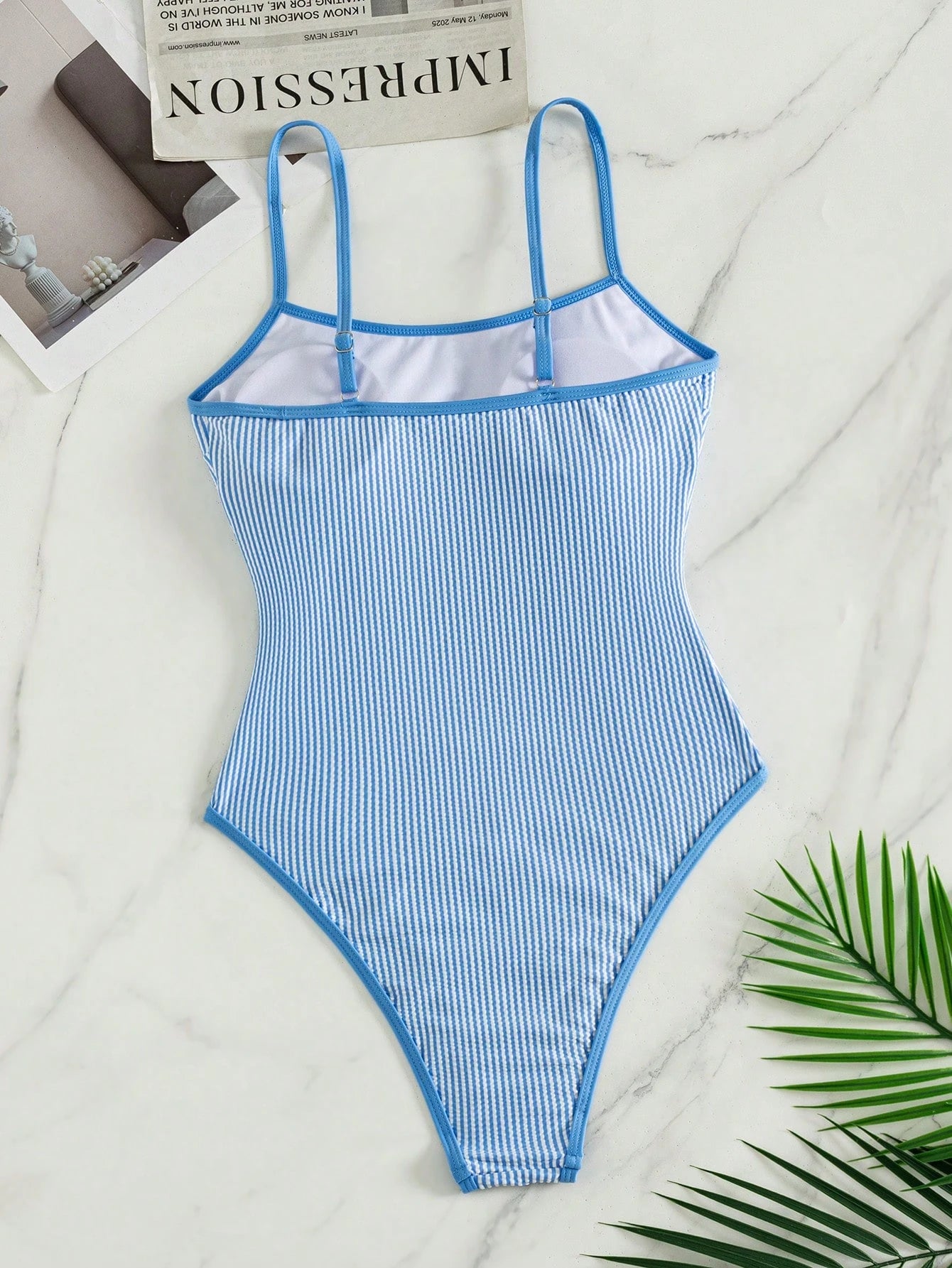 Swim Mod Women's Summer Beach Vacations Casual Blue And White Striped Print Halter-Neck One-Piece Swimsuit,Beach Party