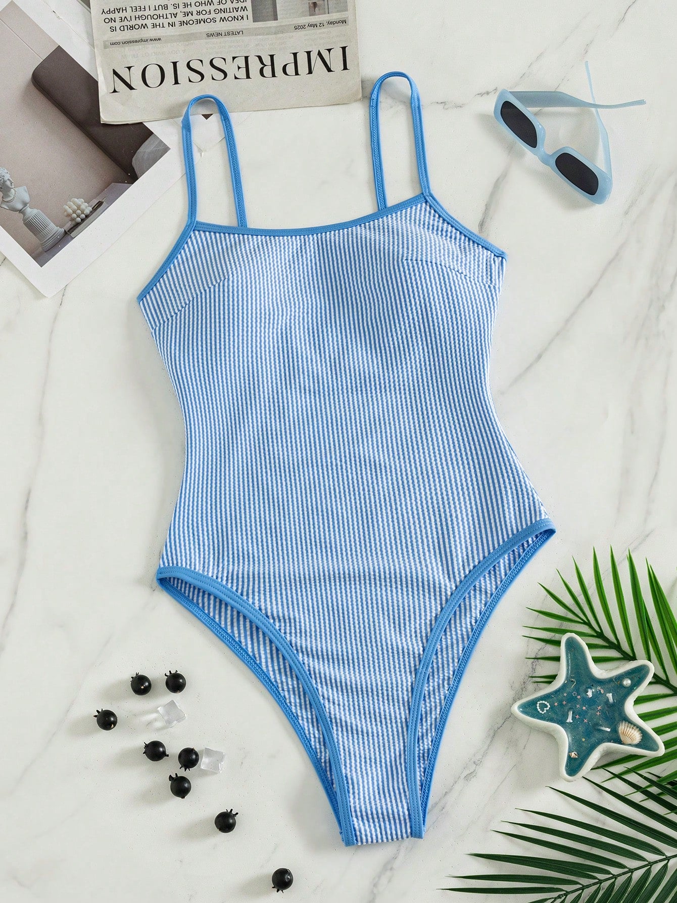 Swim Mod Women's Summer Beach Vacations Casual Blue And White Striped Print Halter-Neck One-Piece Swimsuit,Beach Party