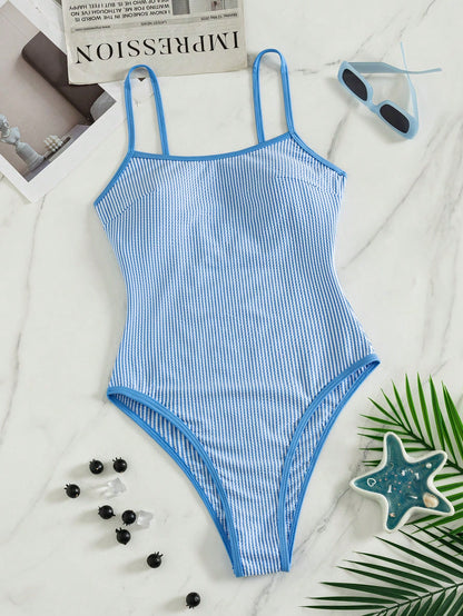 Swim Mod Women's Summer Beach Vacations Casual Blue And White Striped Print Halter-Neck One-Piece Swimsuit,Beach Party