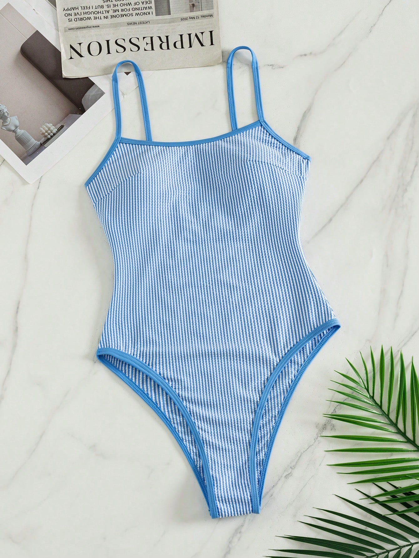 Swim Mod Women's Summer Beach Vacations Casual Blue And White Striped Print Halter-Neck One-Piece Swimsuit,Beach Party