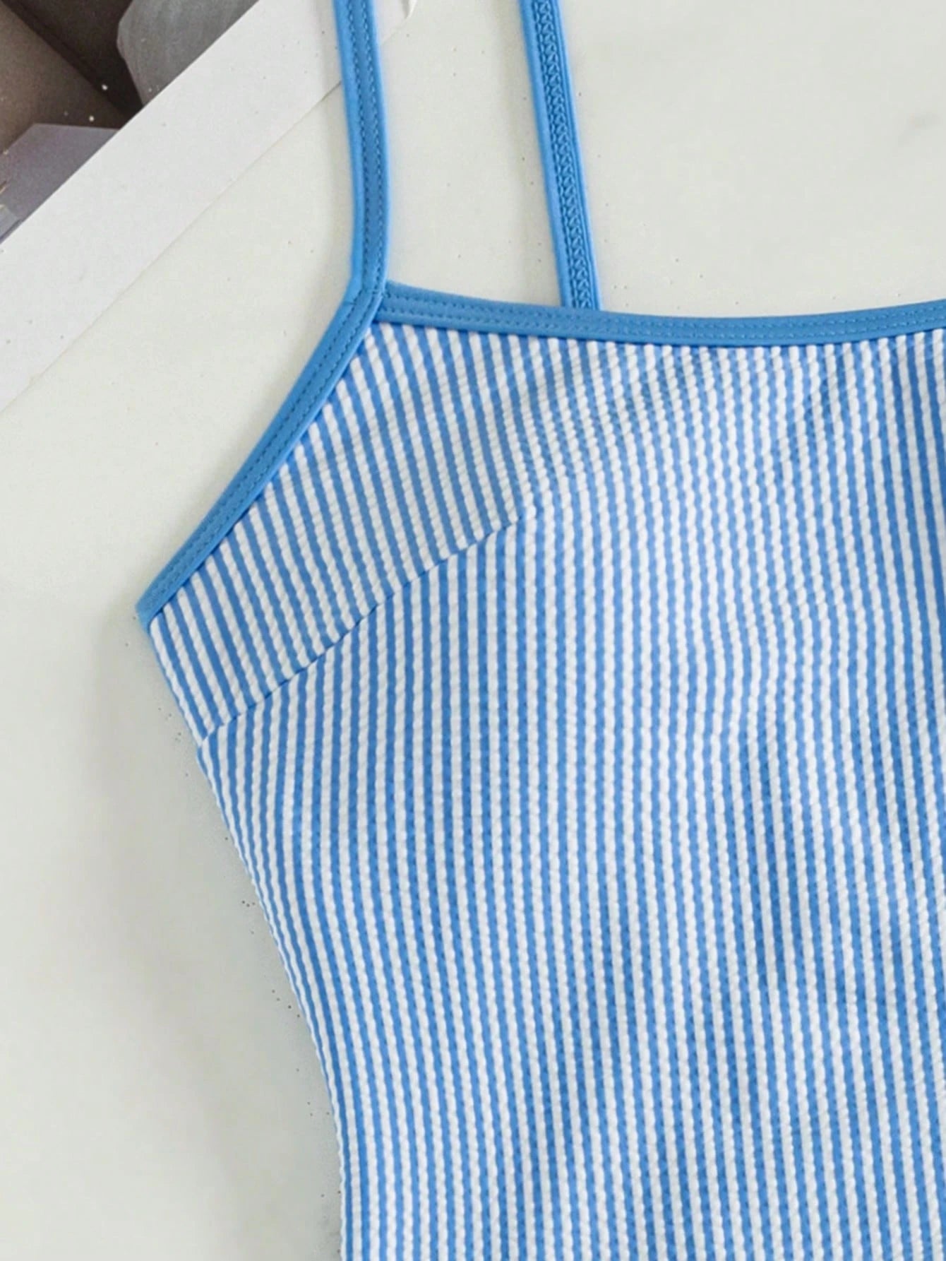 Swim Mod Women's Summer Beach Vacations Casual Blue And White Striped Print Halter-Neck One-Piece Swimsuit,Beach Party