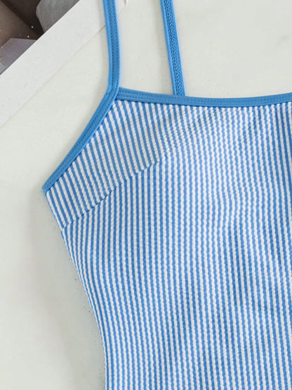 Swim Mod Women's Summer Beach Vacations Casual Blue And White Striped Print Halter-Neck One-Piece Swimsuit,Beach Party