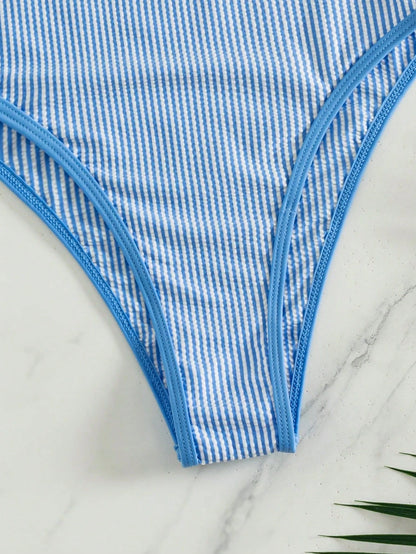 Swim Mod Women's Summer Beach Vacations Casual Blue And White Striped Print Halter-Neck One-Piece Swimsuit,Beach Party