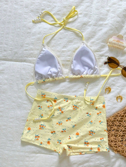 Swim Mod Women's Summer Floral Hollow Fabric Halter Neck Triangle Cup Pearl Decor Swimwear Set With Tie-Up Bottoms
