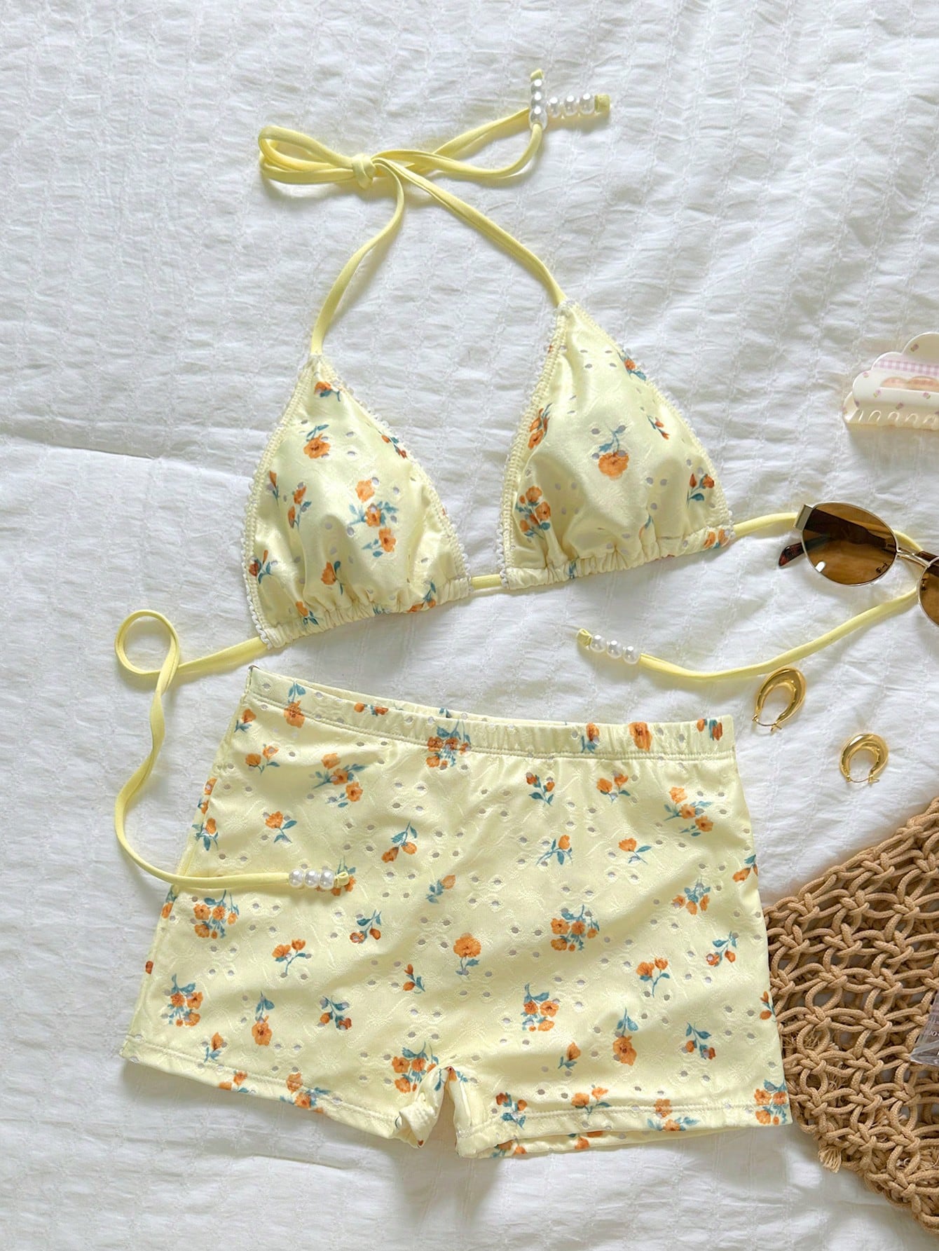 Swim Mod Women's Summer Floral Hollow Fabric Halter Neck Triangle Cup Pearl Decor Swimwear Set With Tie-Up Bottoms