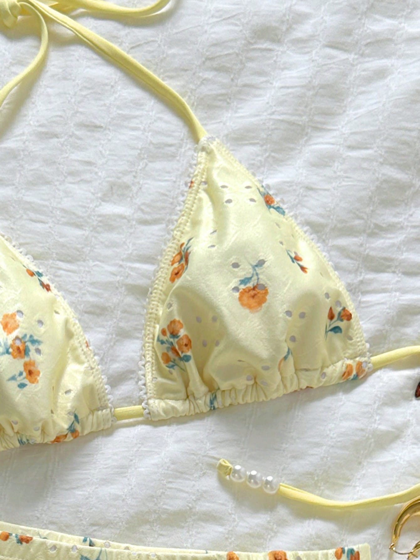 Swim Mod Women's Summer Floral Hollow Fabric Halter Neck Triangle Cup Pearl Decor Swimwear Set With Tie-Up Bottoms