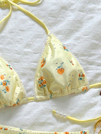 Swim Mod Women's Summer Floral Hollow Fabric Halter Neck Triangle Cup Pearl Decor Swimwear Set With Tie-Up Bottoms