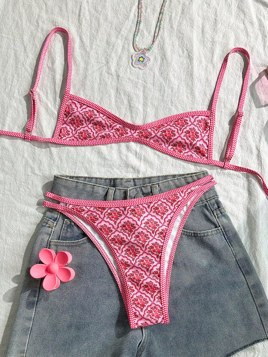 Swim Mod Women's Summer Floral Swimsuit Spaghetti Strap Sexy Bikini Holiday Tight Casual Cute Playful Two Pieces Swimsuit