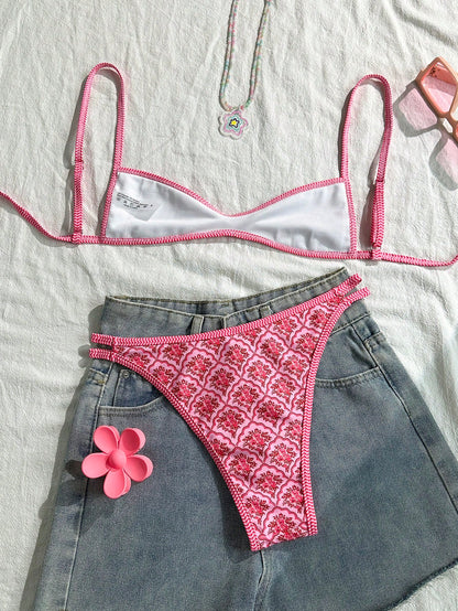 Swim Mod Women's Summer Floral Swimsuit Spaghetti Strap Sexy Bikini Holiday Tight Casual Cute Playful Two Pieces Swimsuit