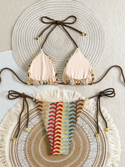 Swim Mod Women's Summer Holiday Beach Halter Allover Print Bikini Set