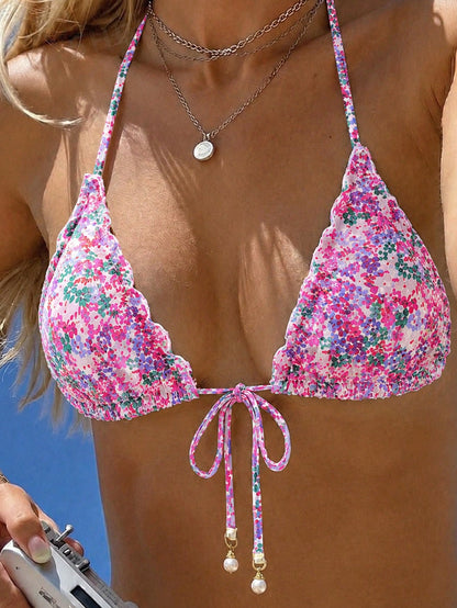 Swim Mod Women's Summer New Beach Swim Fashion Vacation Sweet Cute Ruffle Lace-Up Triangle Mesh Floral Fabric Sexy Backless Swimsuit Top