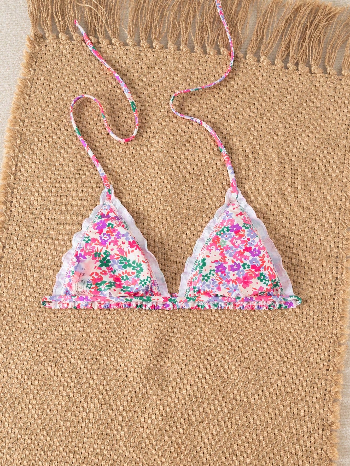 Swim Mod Women's Summer New Beach Swim Fashion Vacation Sweet Cute Ruffle Lace-Up Triangle Mesh Floral Fabric Sexy Backless Swimsuit Top