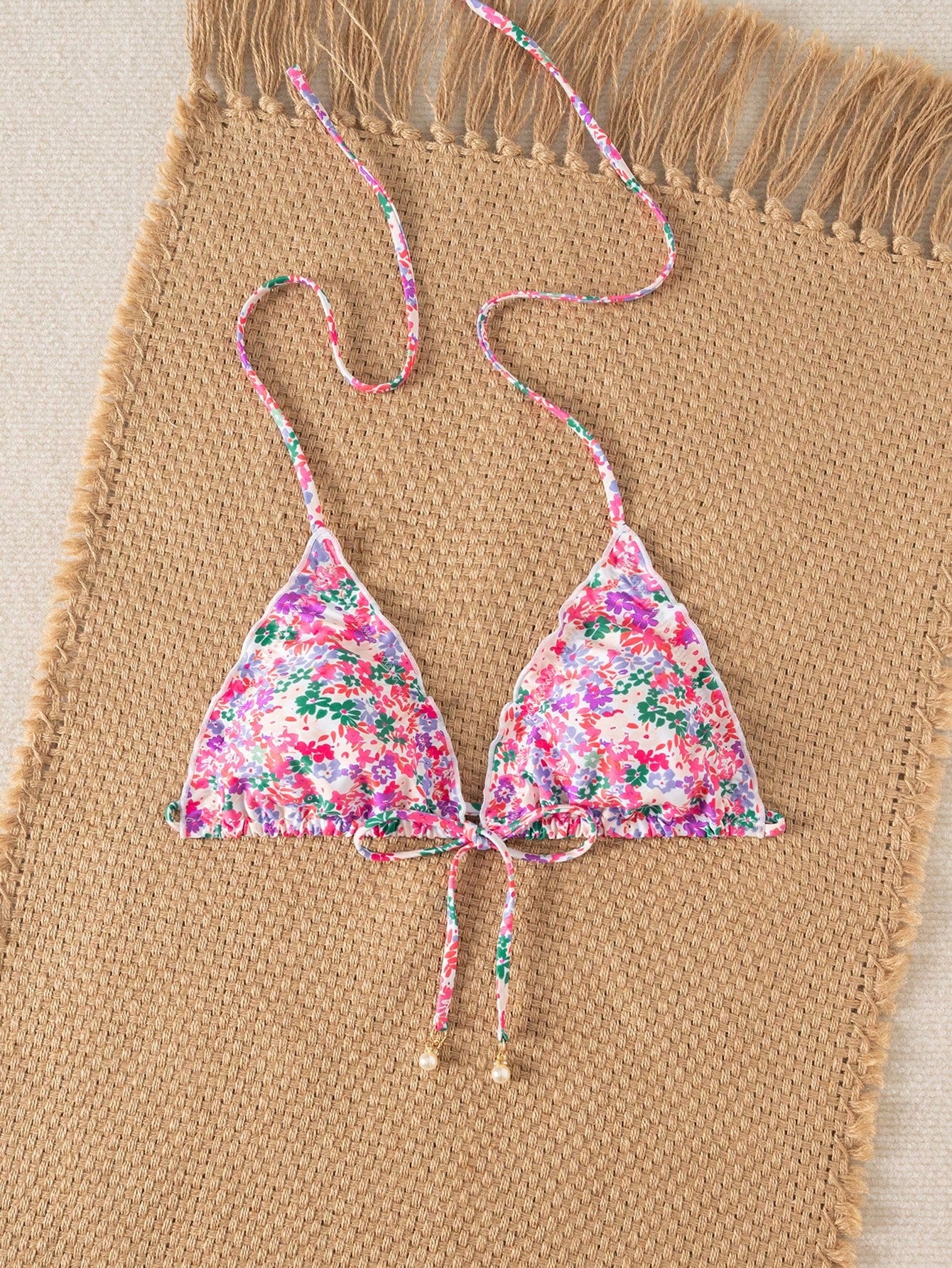 Swim Mod Women's Summer New Beach Swim Fashion Vacation Sweet Cute Ruffle Lace-Up Triangle Mesh Floral Fabric Sexy Backless Swimsuit Top