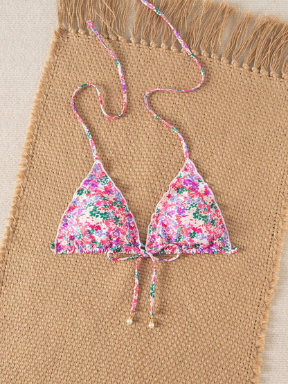 Swim Mod Women's Summer New Beach Swim Fashion Vacation Sweet Cute Ruffle Lace-Up Triangle Mesh Floral Fabric Sexy Backless Swimsuit Top