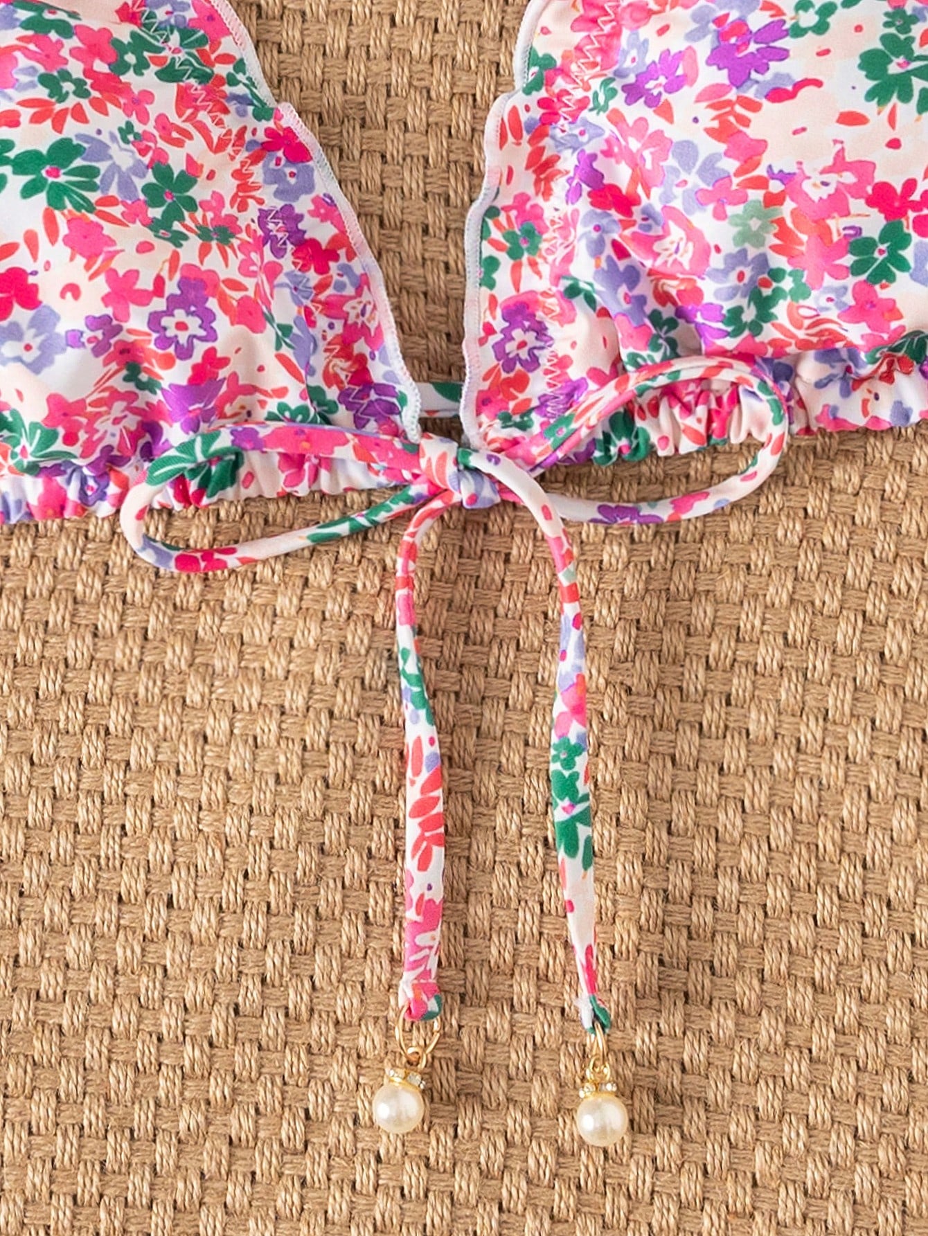 Swim Mod Women's Summer New Beach Swim Fashion Vacation Sweet Cute Ruffle Lace-Up Triangle Mesh Floral Fabric Sexy Backless Swimsuit Top