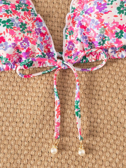 Swim Mod Women's Summer New Beach Swim Fashion Vacation Sweet Cute Ruffle Lace-Up Triangle Mesh Floral Fabric Sexy Backless Swimsuit Top