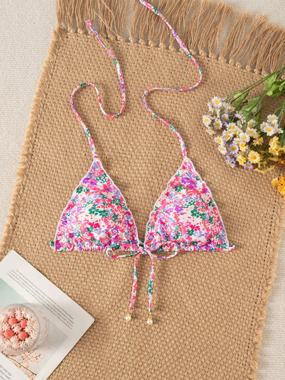 Swim Mod Women's Summer New Beach Swim Fashion Vacation Sweet Cute Ruffle Lace-Up Triangle Mesh Floral Fabric Sexy Backless Swimsuit Top
