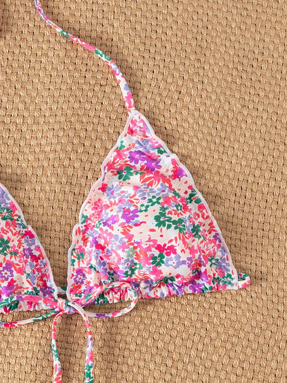 Swim Mod Women's Summer New Beach Swim Fashion Vacation Sweet Cute Ruffle Lace-Up Triangle Mesh Floral Fabric Sexy Backless Swimsuit Top