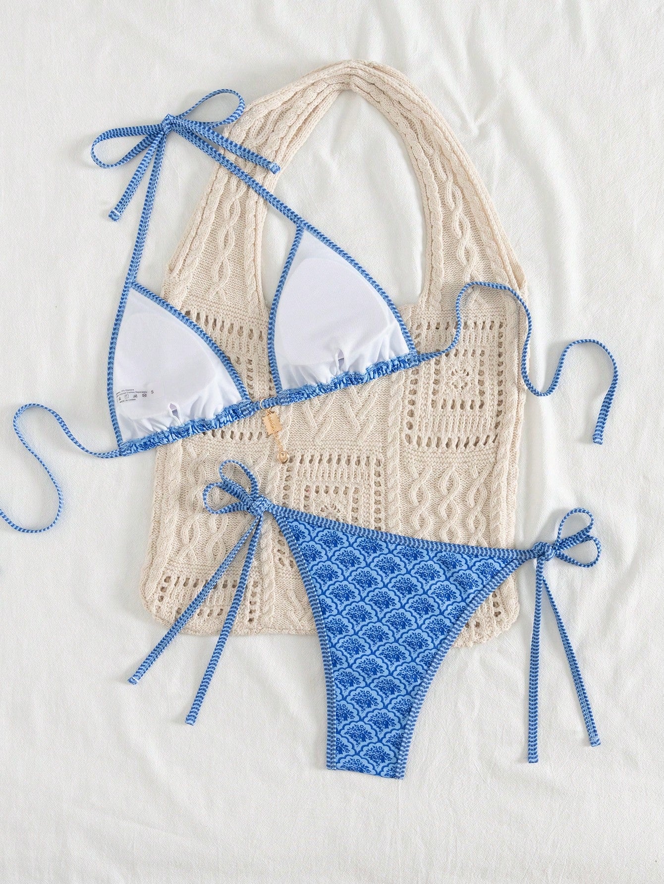 Swim Mod Women's Summer New Edged Halter Backless Tie Side Allover Print Bikini Set