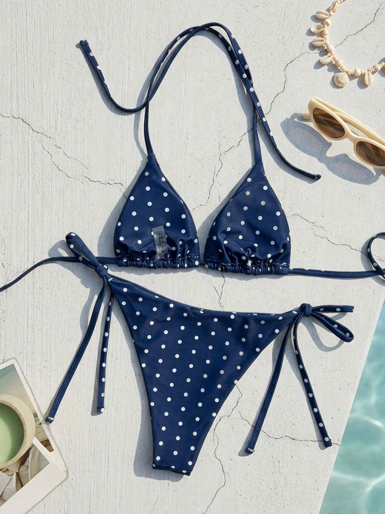 Swim Mod Women's Summer New Sexy Halter Tie Low Waist Polka Dot Print Bikini Set, Navy Blue Base