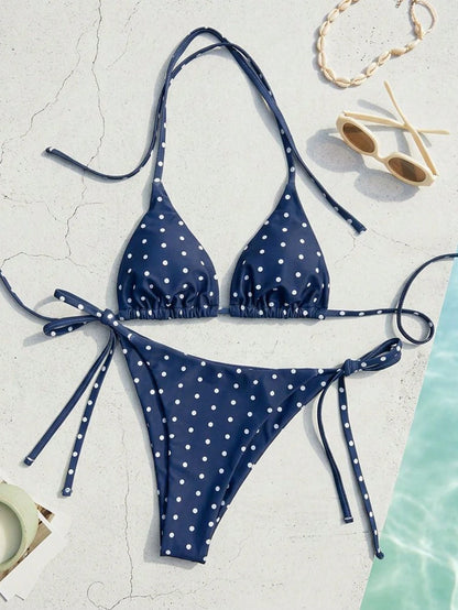 Swim Mod Women's Summer New Sexy Halter Tie Low Waist Polka Dot Print Bikini Set, Navy Blue Base