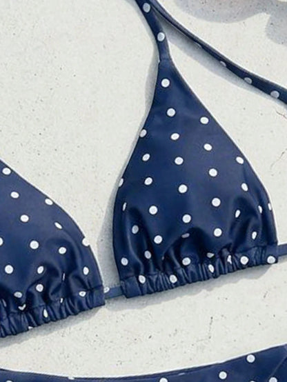 Swim Mod Women's Summer New Sexy Halter Tie Low Waist Polka Dot Print Bikini Set, Navy Blue Base