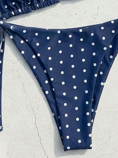 Swim Mod Women's Summer New Sexy Halter Tie Low Waist Polka Dot Print Bikini Set, Navy Blue Base