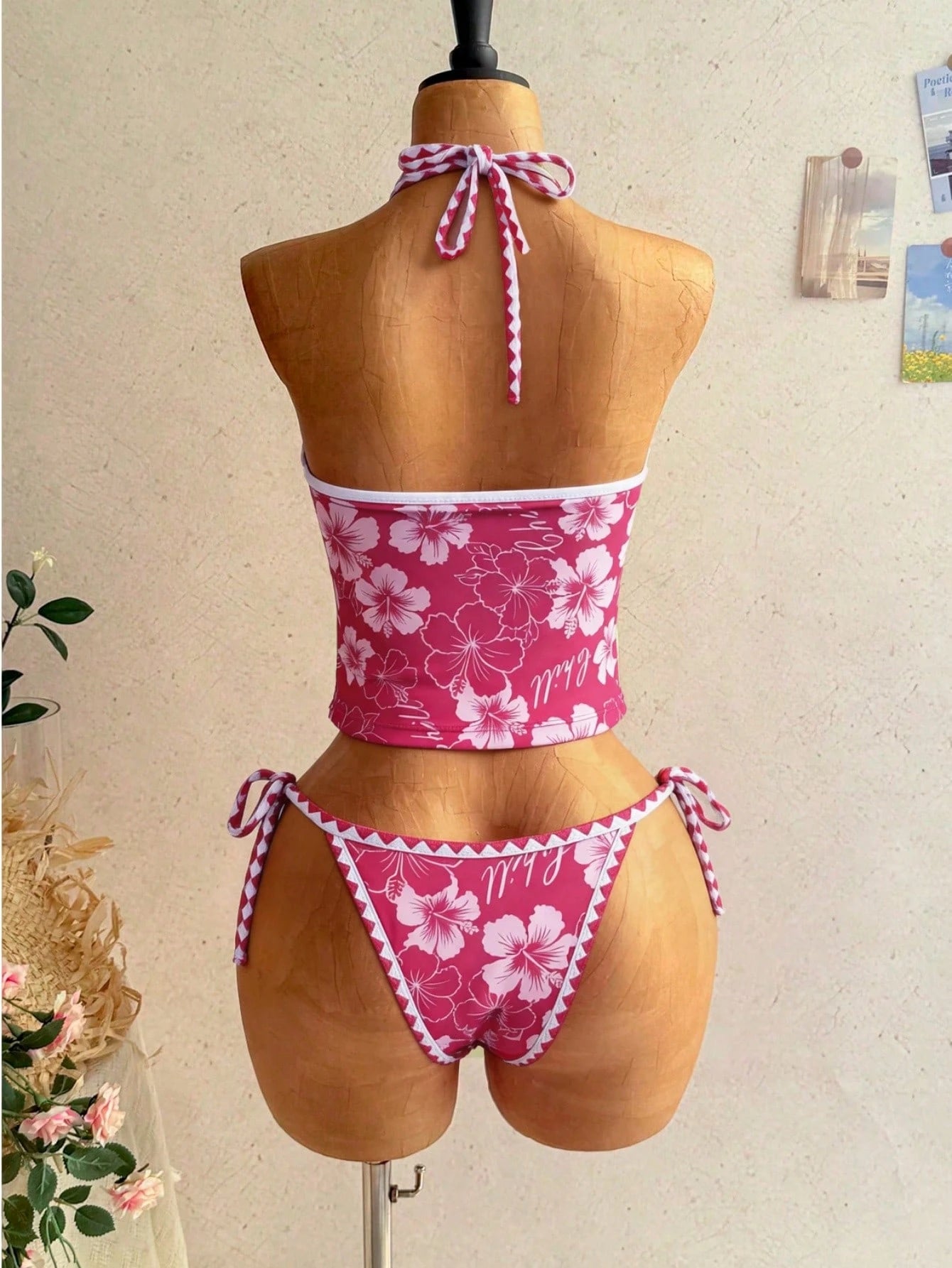 Swim Mod Women's Summer Rose Red Floral Print Two Pieces Swimsuit, Sweet Spaghetti Strap Deep V-Neck Camisole Top, Side Tie Triangle Bikini Bottom, Suitable For Beach Vacation, Pool Party, Casual Wear