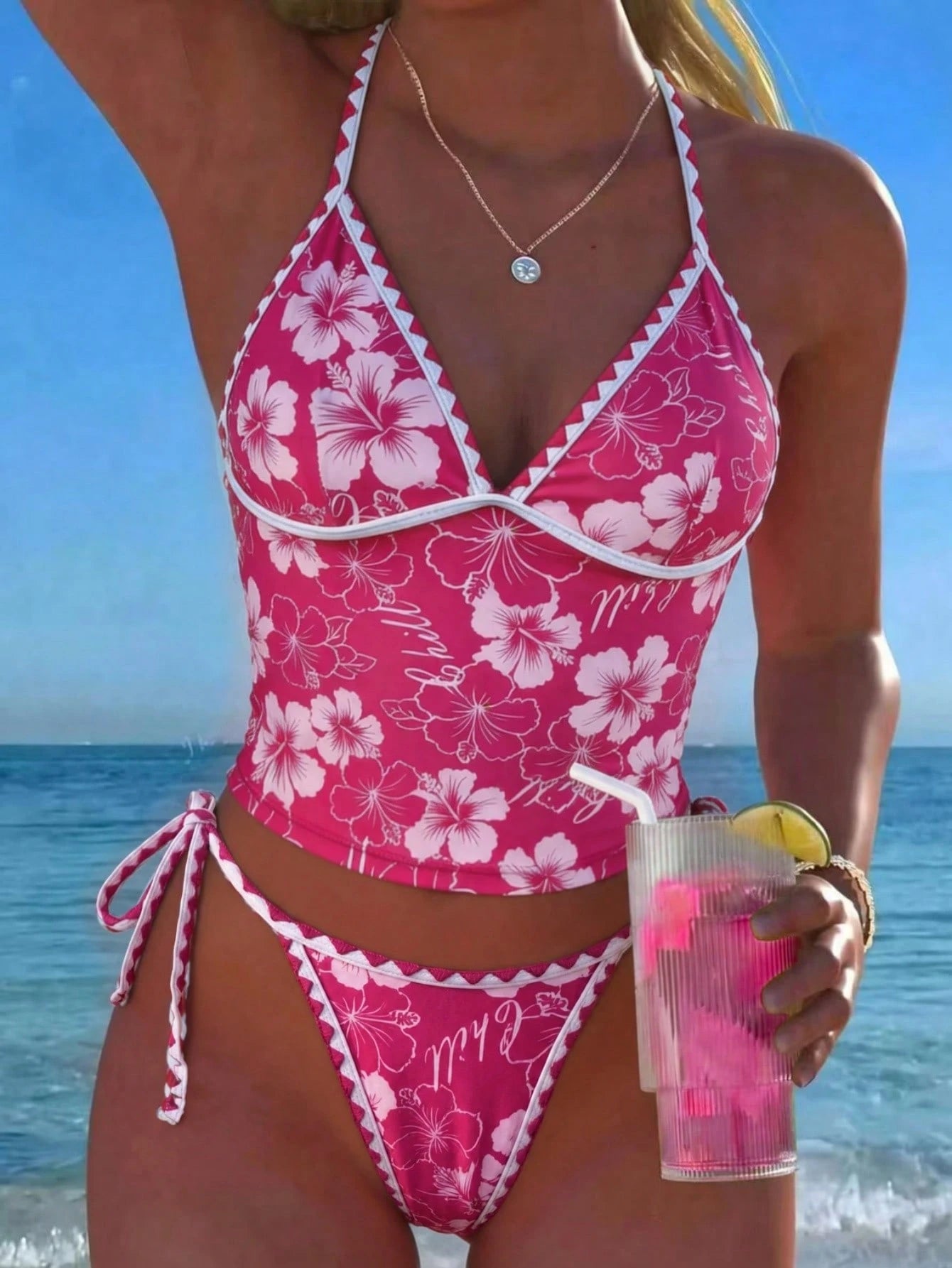 Swim Mod Women's Summer Rose Red Floral Print Two Pieces Swimsuit, Sweet Spaghetti Strap Deep V-Neck Camisole Top, Side Tie Triangle Bikini Bottom, Suitable For Beach Vacation, Pool Party, Casual Wear