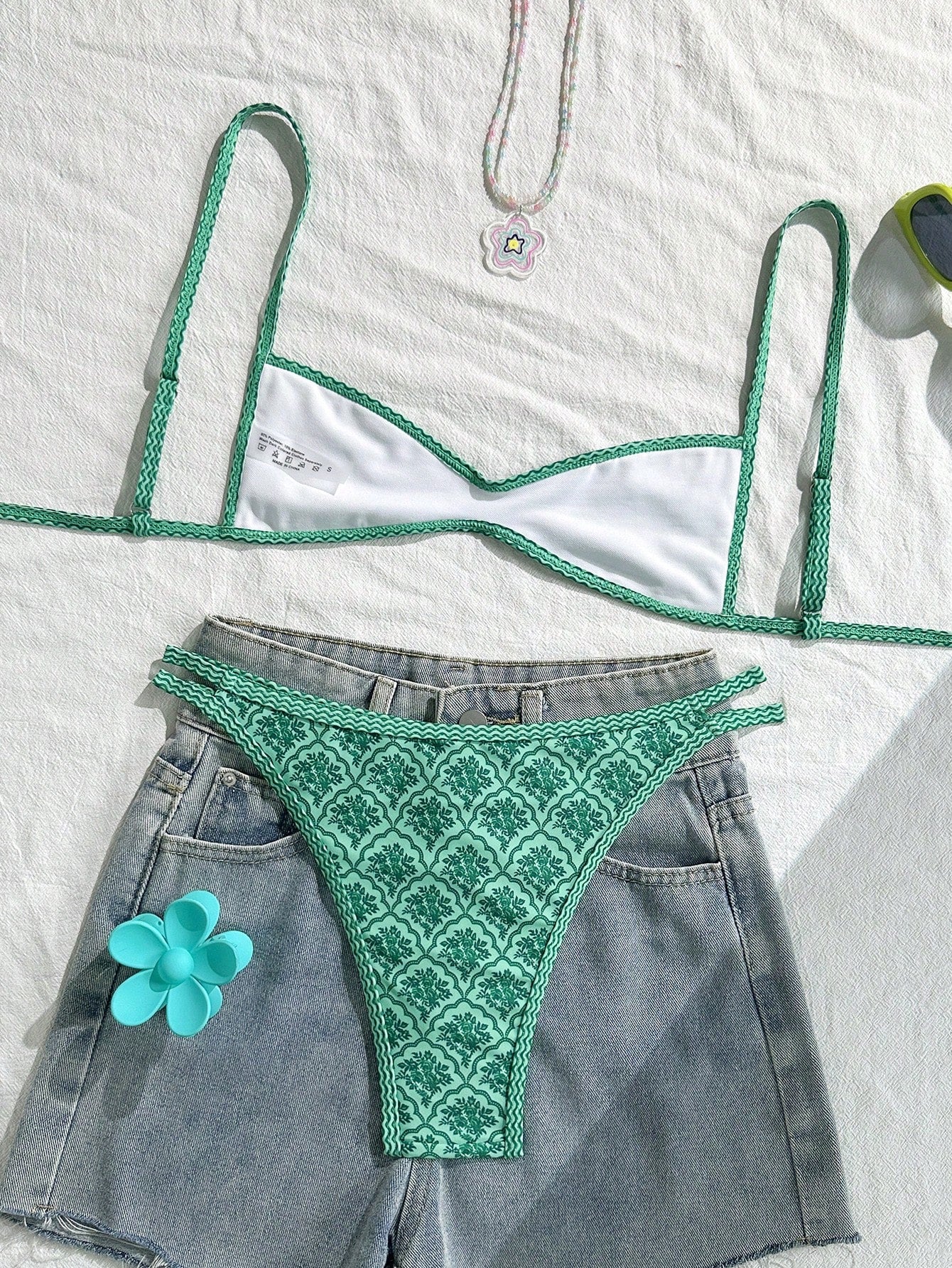 Swim Mod Women's Summer Spaghetti Strap Sexy Bikini Vacation Tights Casual Printed Random Two Pieces Swimwear Green Festival Coachella