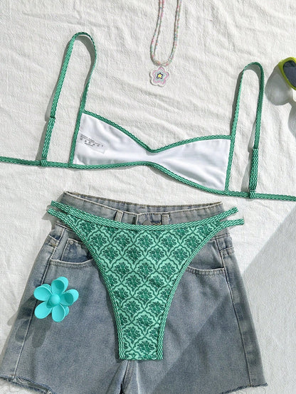 Swim Mod Women's Summer Spaghetti Strap Sexy Bikini Vacation Tights Casual Printed Random Two Pieces Swimwear Green Festival Coachella