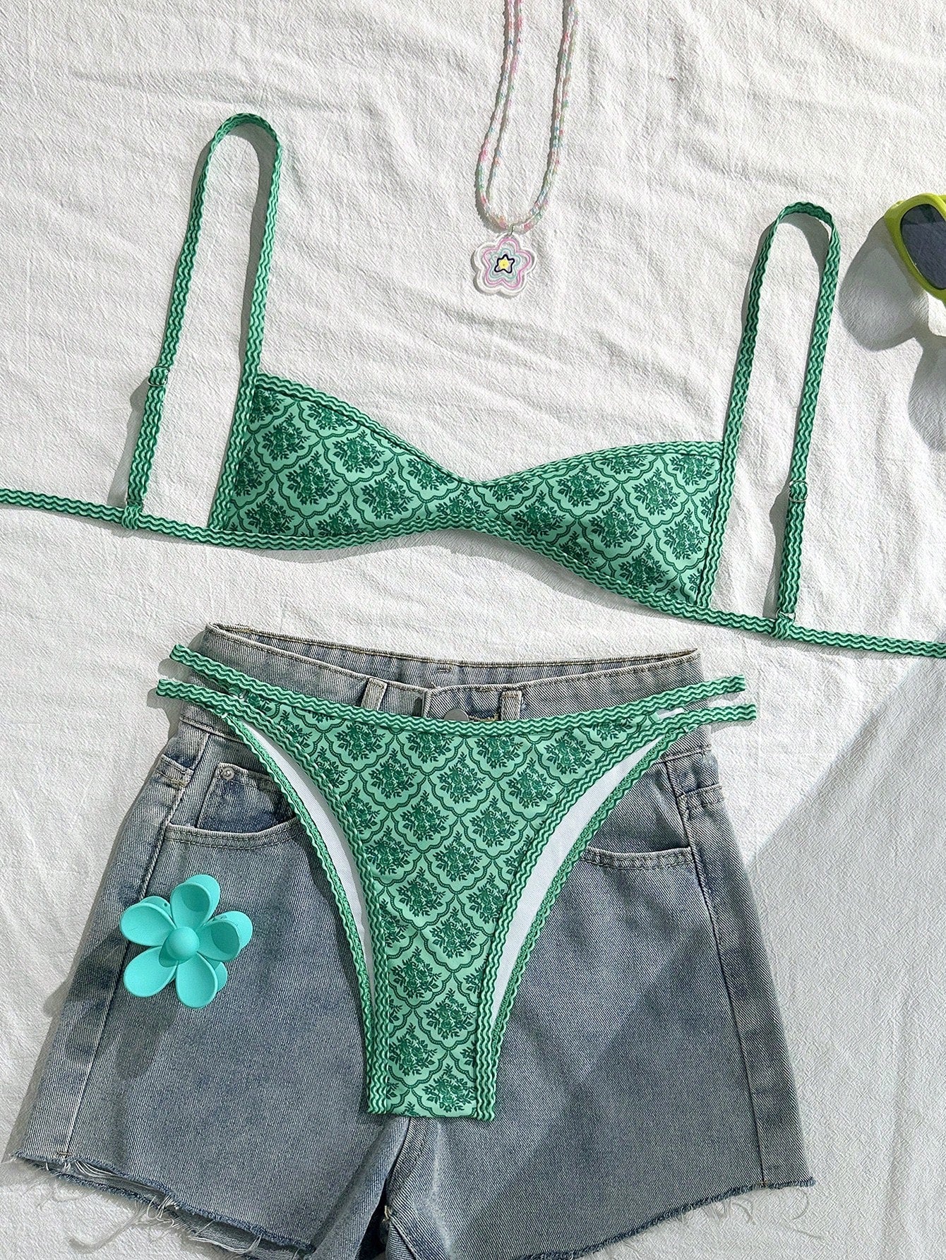 Swim Mod Women's Summer Spaghetti Strap Sexy Bikini Vacation Tights Casual Printed Random Two Pieces Swimwear Green Festival Coachella