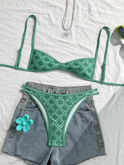Swim Mod Women's Summer Spaghetti Strap Sexy Bikini Vacation Tights Casual Printed Random Two Pieces Swimwear Green Festival Coachella