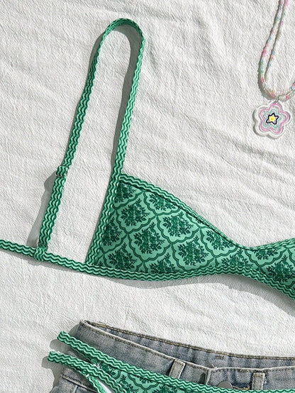 Swim Mod Women's Summer Spaghetti Strap Sexy Bikini Vacation Tights Casual Printed Random Two Pieces Swimwear Green Festival Coachella